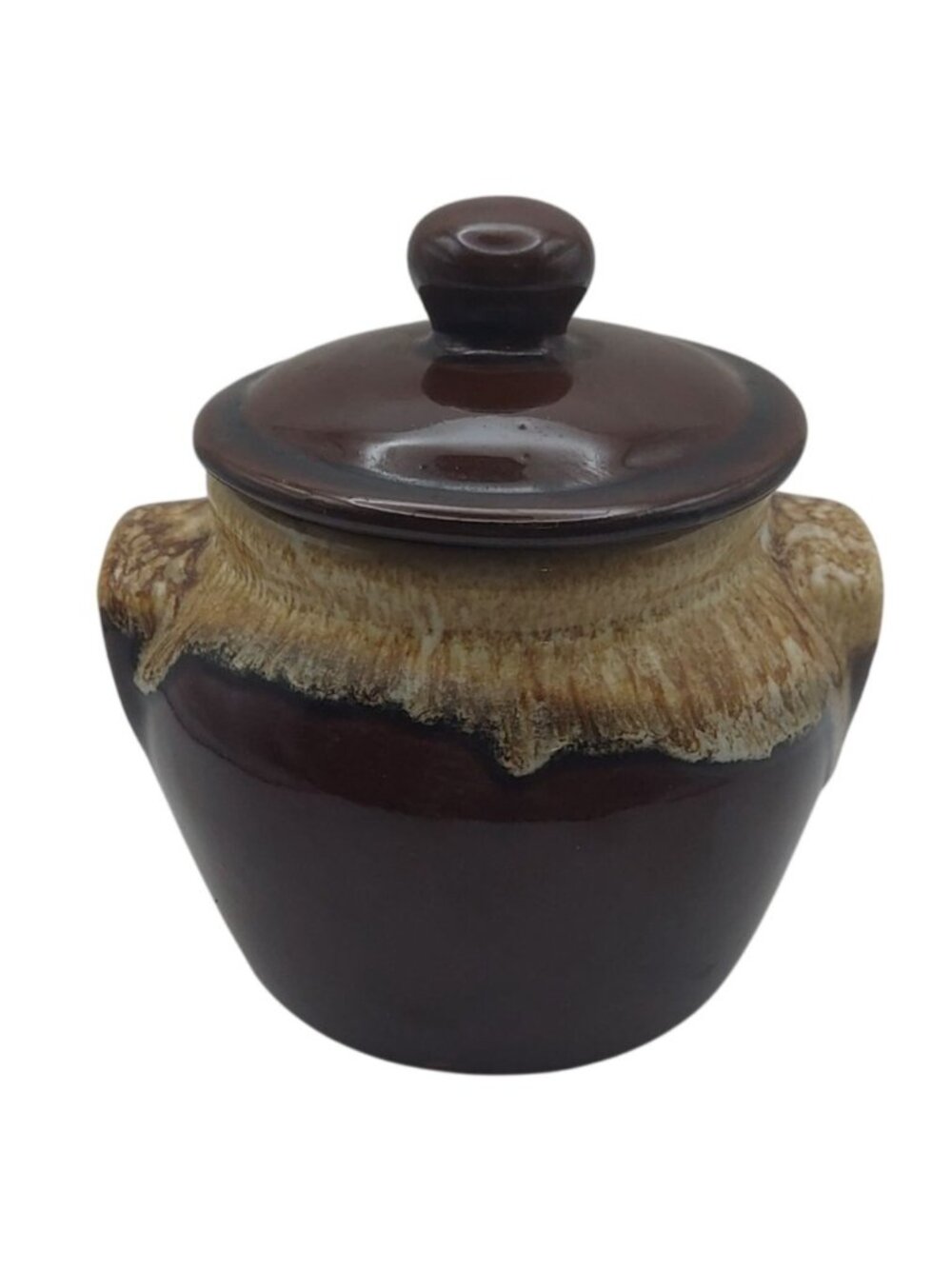 Drip Glaze Bean Pot Brown Ceramic Stoneware 2 Handle With Lid USA Vintage Rustic
